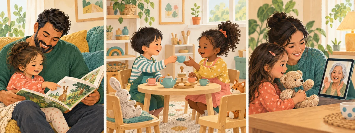Three illustrated ways to practise conversation: reading together, playing a pretend café and showing a toy to a grandparent on a video call.