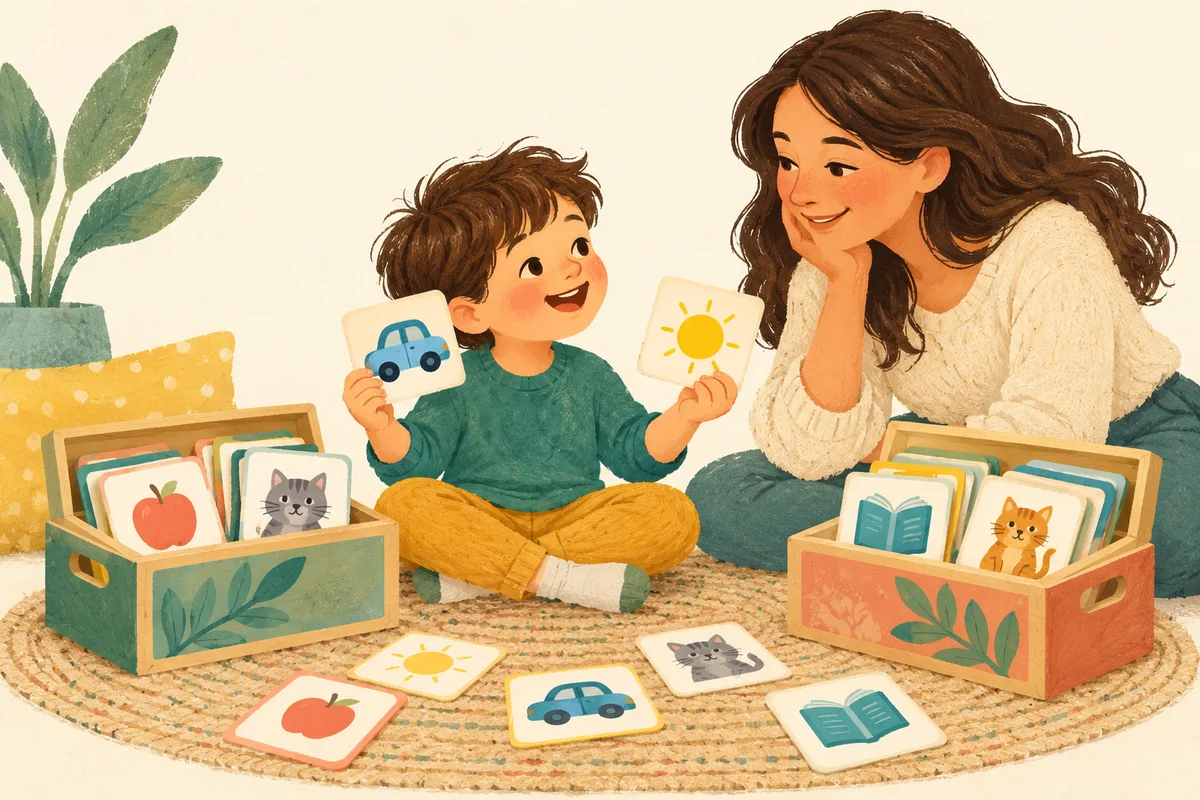 A child choosing picture cards from two toolboxes and sharing them with a parent, a metaphor for using words from two languages.