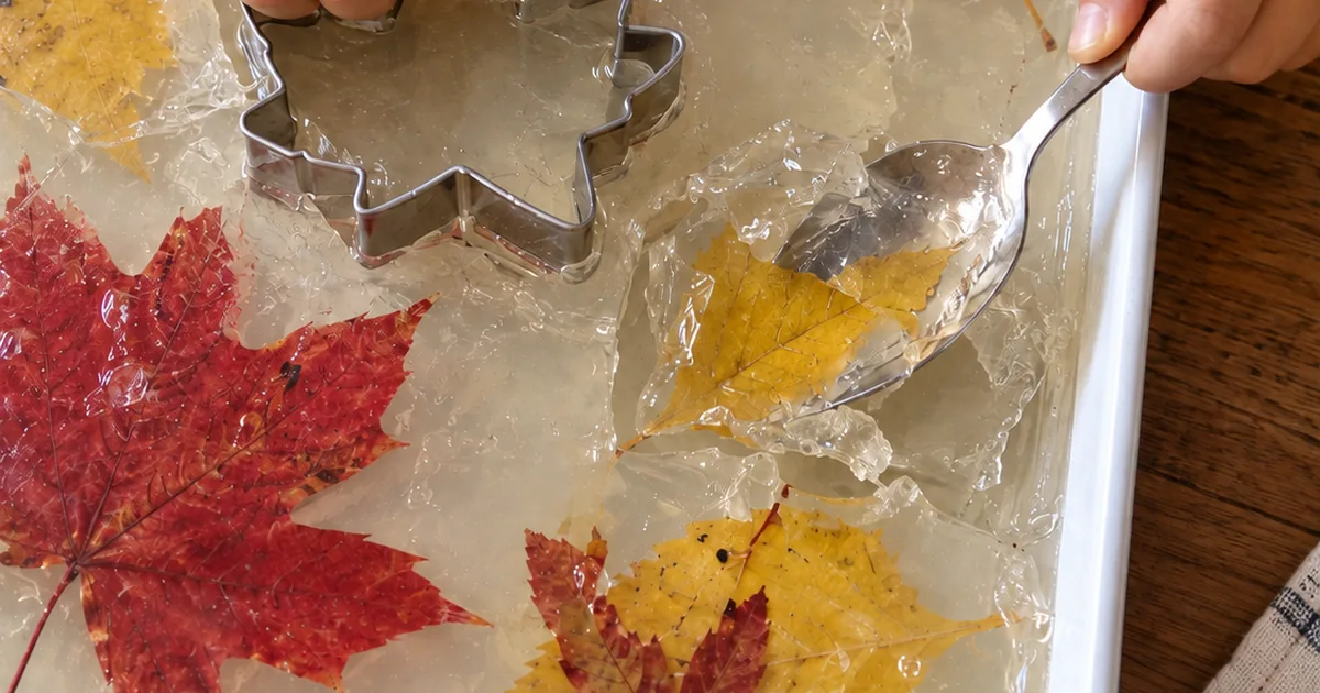 Small hands pressing a leaf-shaped cutter into set agar with autumn leaves