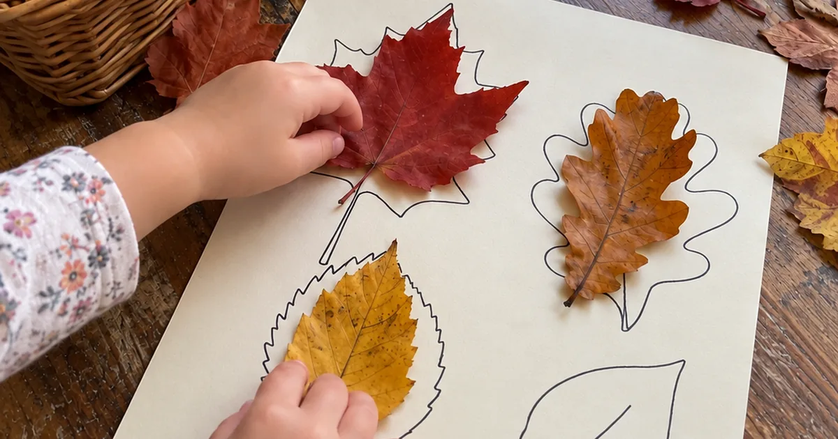 A child matching autumn leaves to outlines drawn on paper