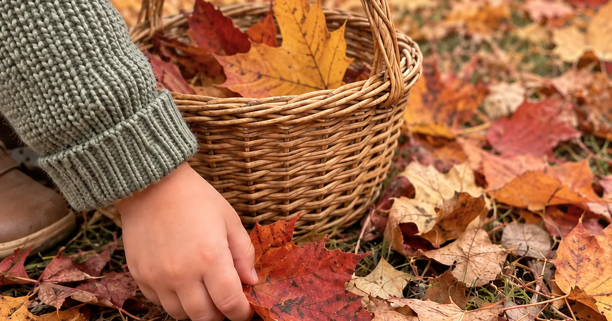 A child collecting fallen leaves beside a woven basket