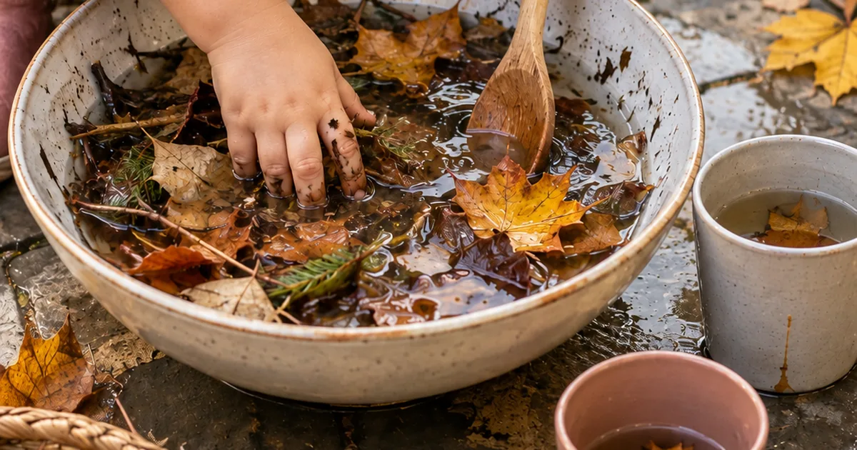 A child mixing leaves and water in a bowl outdoors