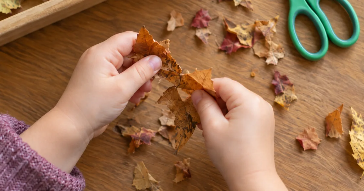 Small hands tearing a dry leaf beside child-safe scissors