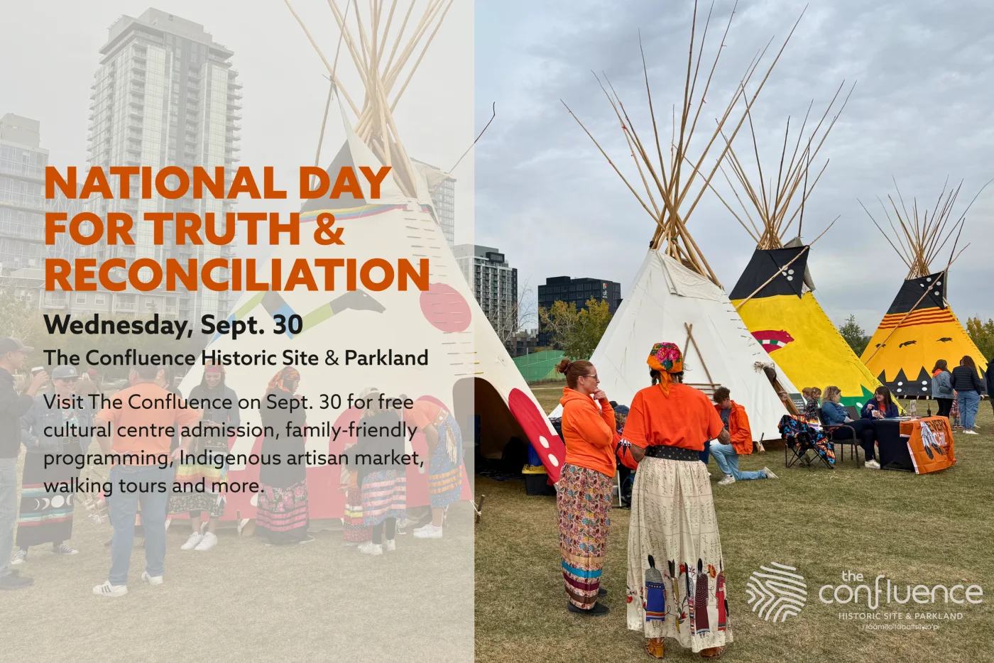 The Confluence’s National Day for Truth and Reconciliation event graphic, showing tipis and visitors on the parkland.