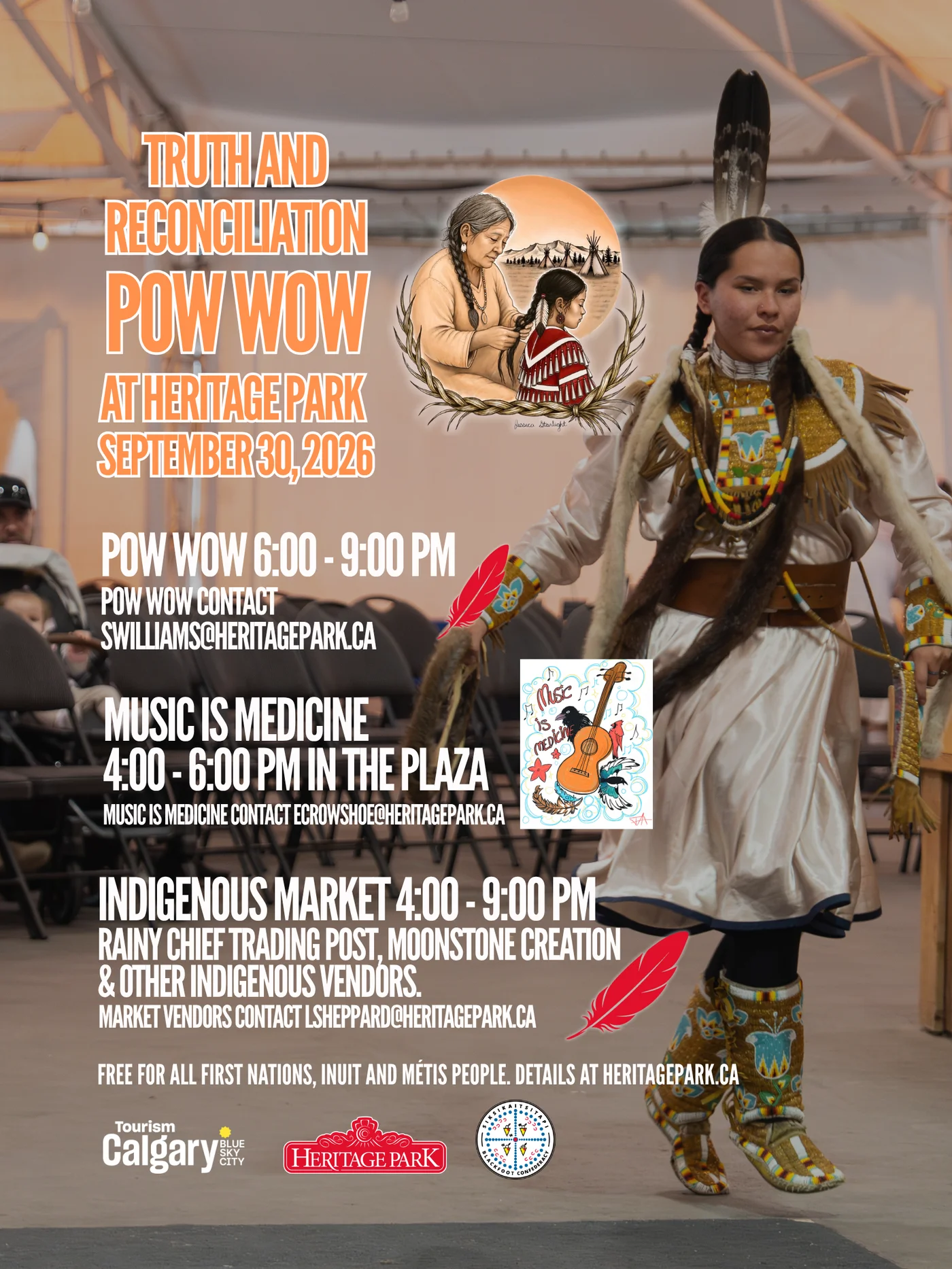 Heritage Park’s official 2026 Truth and Reconciliation Pow Wow poster with a dancer, music and evening program times.